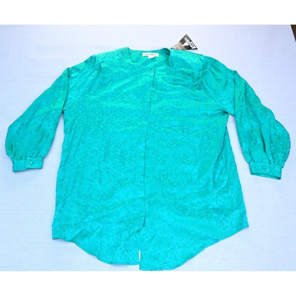 Vintage 90s Argenti Plus Womens 20 100% Silk Blouse Teal Jacquard Deadstock